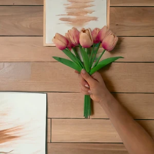 Yapay Çiçek Islak Lale Somon Pembe-Fuşya 8'li Demet