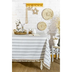 Çizgili Gri Şeritli Ponponlu Masa Örtüsü