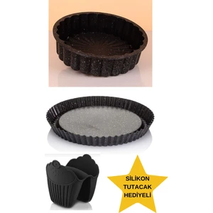 2'li Set Granit Döküm Dilimli Tart Kalıbı ve Torte Kek Pasta Turta Kalıbı Siyah Eldiven Hediyeli