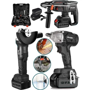 Germany Pro 128 V 3'lü Set Kırıcı Delici Somun Sıkma Taşlama Makinesi 2 Akülü Kömürsüz Full Set