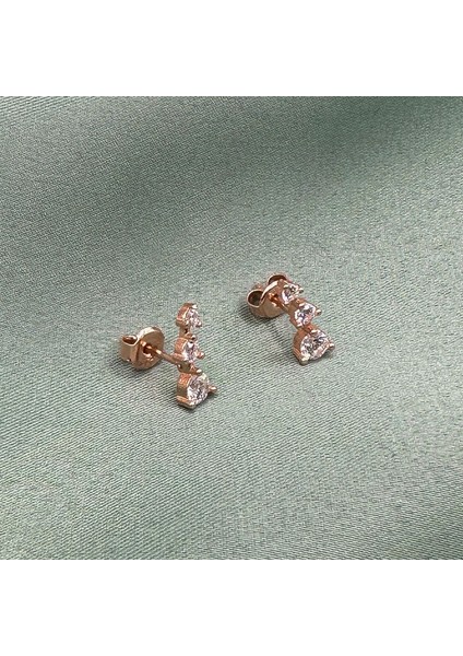 Üç Taşlı Rose Gold Kaplama Vidalı Kadın Gümüş Küpe fiyatları