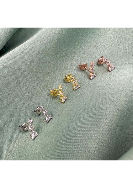 Üç Taşlı Rose Gold Kaplama Vidalı Kadın Gümüş Küpe modelleri