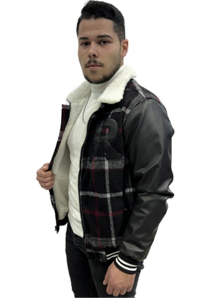 Erkek İçi Kürklü Kolları Deri Kaşa Ceket Siyah