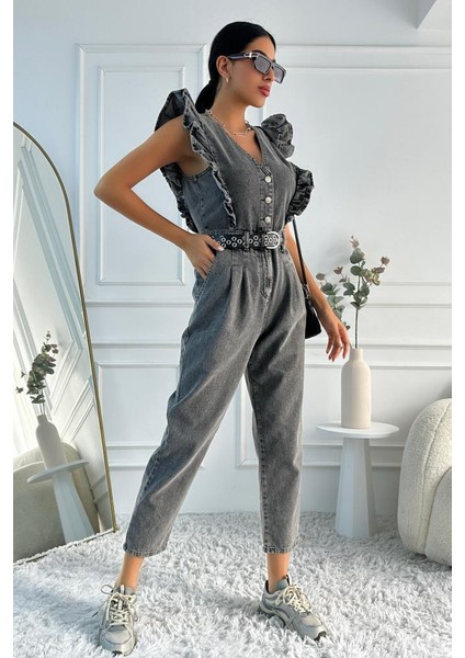 Kadın Fırfır Detaylı Kolsuz Mom Kalıp Denim Tulum