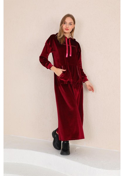 Taş Baskılı Kanguru Cep Kadife Uzun Elbise Bordo