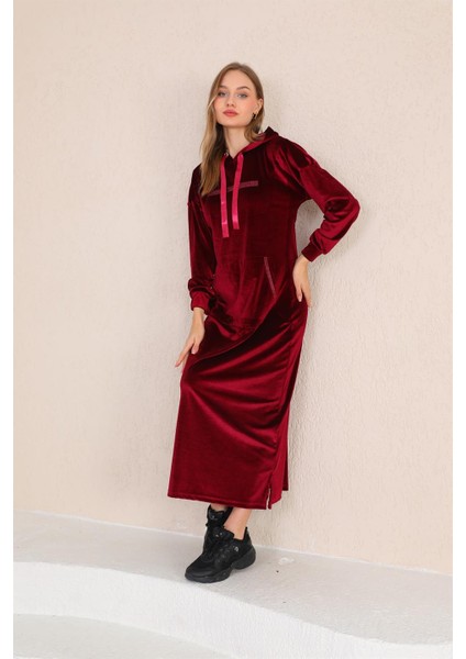 Taş Baskılı Kanguru Cep Kadife Uzun Elbise Bordo fiyatları
