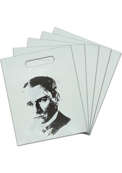 El Geçmeli Atatürk Baskılı Beyaz Plastik Çanta 25X18 cm fiyatları