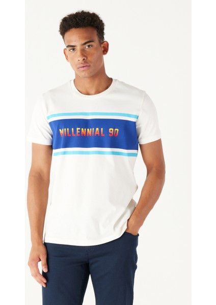 Erkek Ekru Slim Fit Dar Kesim Bisiklet Yaka %100 Pamuk Baskılı Tişört