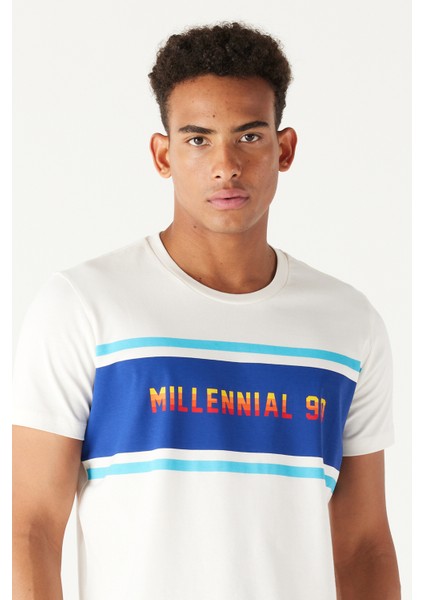 Erkek Ekru Slim Fit Dar Kesim Bisiklet Yaka %100 Pamuk Baskılı Tişört modelleri