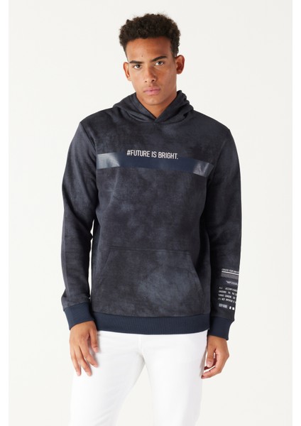 Erkek Lacivert Standart Fit 3 Iplik Kapüşonlu Batik Görünümlü Ayarlanabilir Ipli Baskılı Sweatshirt