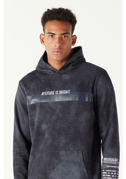 Erkek Lacivert Standart Fit 3 Iplik Kapüşonlu Batik Görünümlü Ayarlanabilir Ipli Baskılı Sweatshirt