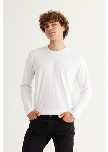 AC&Co / Altınyıldız Classics Erkek Beyaz Slim Fit Dar Kesim Bisiklet Yaka %100 Pamuk Baskılı Tişört