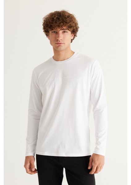 AC&Co / Altınyıldız Classics Erkek Beyaz Slim Fit Dar Kesim Bisiklet Yaka %100 Pamuk Baskılı Tişört
