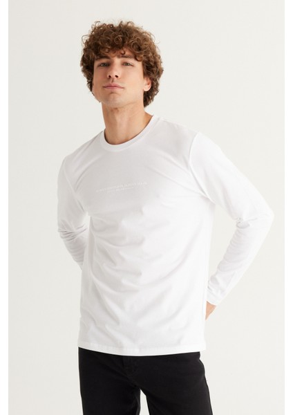 AC&Co / Altınyıldız Classics Erkek Beyaz Slim Fit Dar Kesim Bisiklet Yaka %100 Pamuk Baskılı Tişört