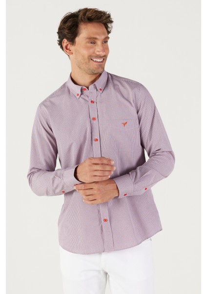 Erkek Lacivert-kırmızı Slim Fit Dar Kesim Düğmeli Yaka Logolu Pamuklu Cepli Çizgili Gömlek fiyatları