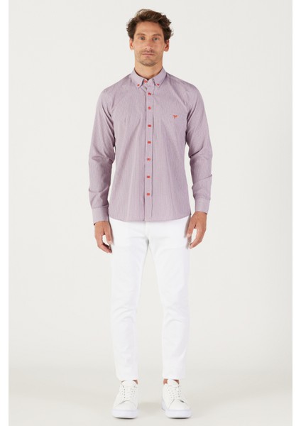 Erkek Lacivert-kırmızı Slim Fit Dar Kesim Düğmeli Yaka Logolu Pamuklu Cepli Çizgili Gömlek