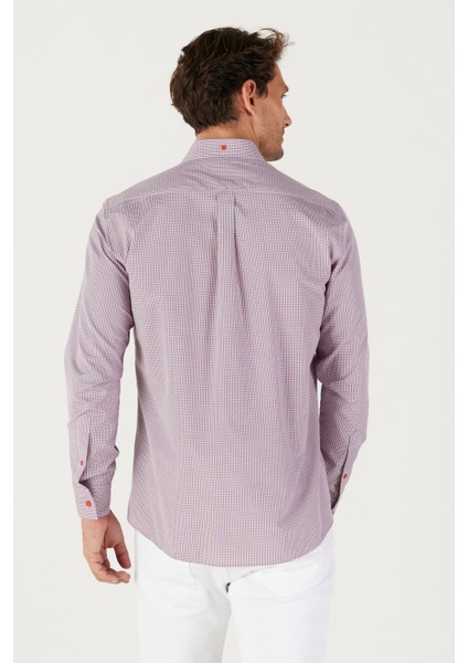 Erkek Lacivert-kırmızı Slim Fit Dar Kesim Düğmeli Yaka Logolu Pamuklu Cepli Çizgili Gömlek