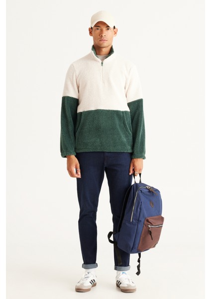 Erkek Tas-koyu Yesıl Standart Fit Dik Bato Yaka Kanguru Cepli Çift Renkli Sherpa Polar Sweatshirt