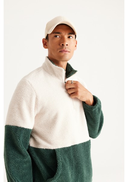 Erkek Tas-koyu Yesıl Standart Fit Dik Bato Yaka Kanguru Cepli Çift Renkli Sherpa Polar Sweatshirt