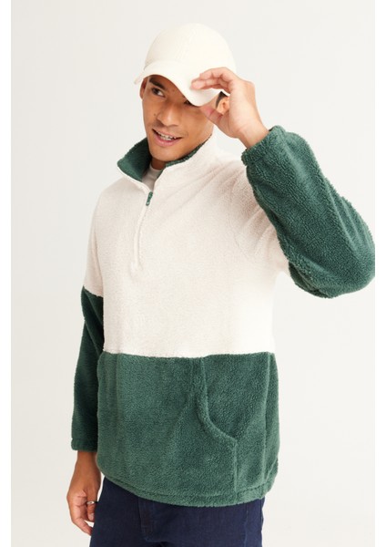 Erkek Tas-koyu Yesıl Standart Fit Dik Bato Yaka Kanguru Cepli Çift Renkli Sherpa Polar Sweatshirt