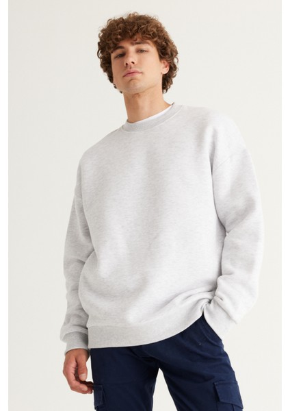 Erkek Kar Melanj Oversize Fit Bol Kesim Pamuklu Içi Polarlı 3 Iplik Bisiklet Yaka Sweatshirt