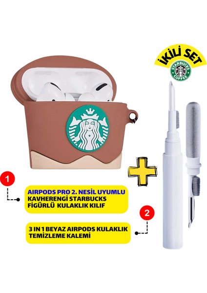 Pro 2. Nesil Uyumlu Starbucks Kahve Kulaklık Kılıfı ve Beyaz 3'ü 1 Arada Kulaklık Temizleme Kalemi