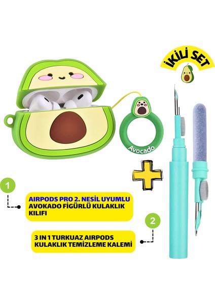 Pro 2. Nesil Uyumlu Avokado Figürlü Kulaklık Kılıfı ve Turkuaz 3'ü 1 Arada Kulaklık Temizleme Kalemi