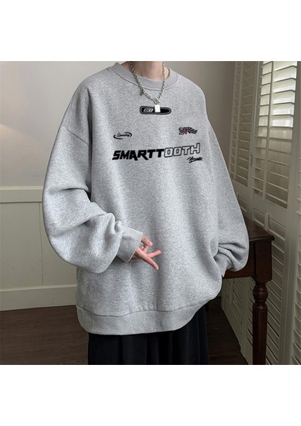 Smarttooth Baskılı Gri Unisex Oversize Bisiklet Yaka Sweatshirt