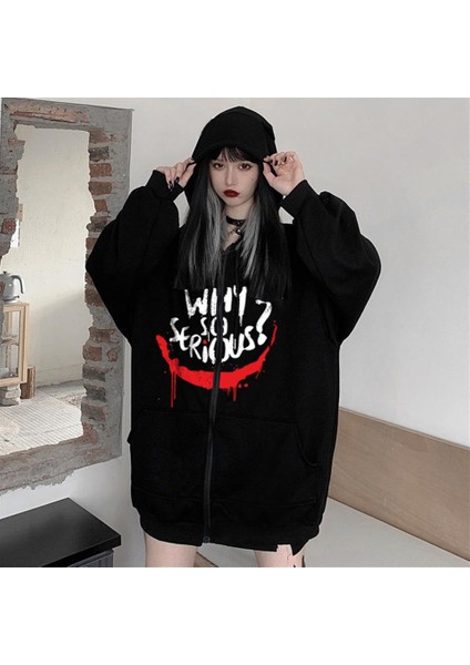 Why So Serious Baskılı Oversize Fermuarlı Siyah Kapüşonlu Hırka