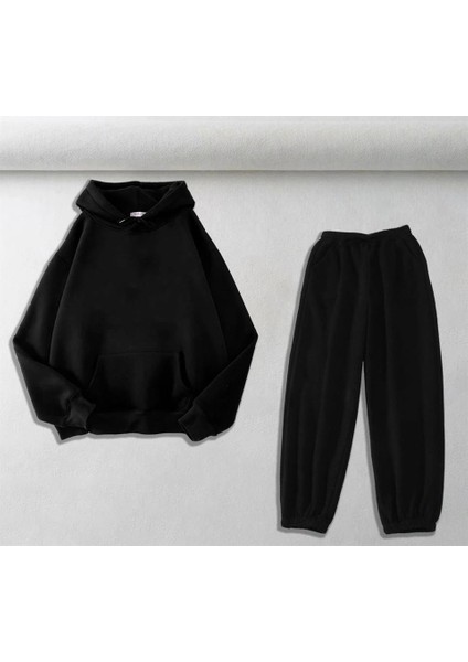 Düz Siyah Sweatshirt-Eşofman Altı İkili Takım