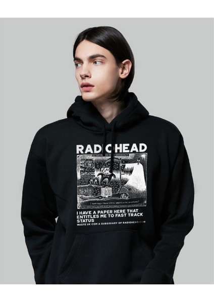 Radiohead Baskılı Siyah Oversize Kapüşonlu Sweatshirt