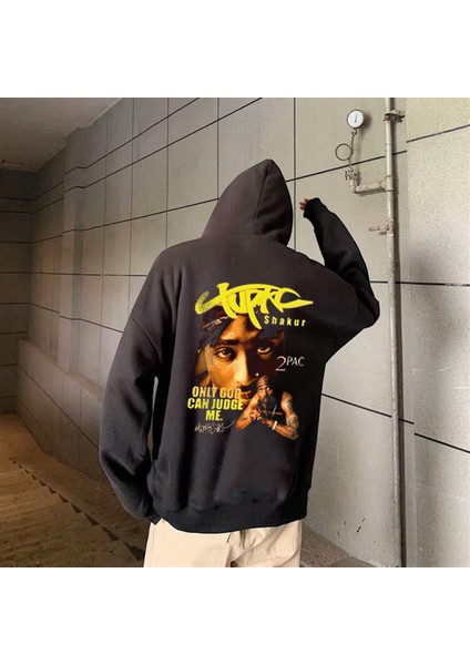Tupac Shakur Baskılı Siyah Oversize Kapüşonlu Sweatshirt