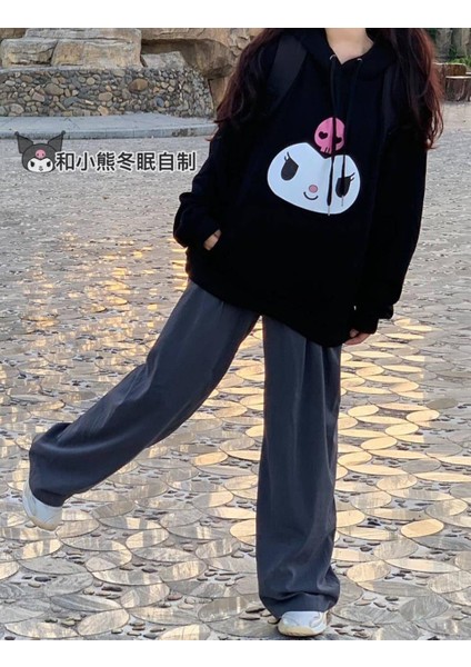 Kuromi Face Baskılı Siyah Oversize Kapüşonlu Sweatshirt