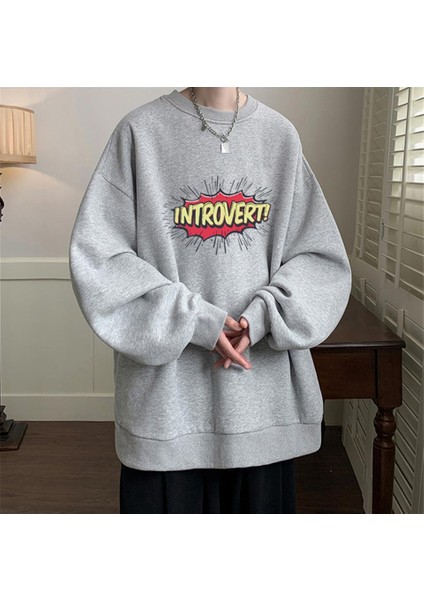 Introvert Baskılı Gri Unisex Oversize Bisiklet Yaka Sweatshirt