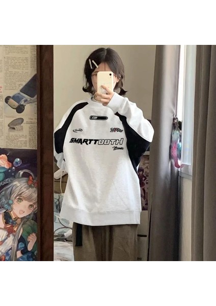 Y2K Streetwear Smarttooth Baskılı Beyaz Oversize Bisiklet Yaka Sweatshirt fırsatları