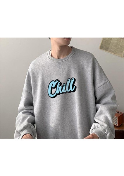 Touz Moda Chill Blue Baskılı Gri Oversize Bisiklet Yaka Sweatshirt