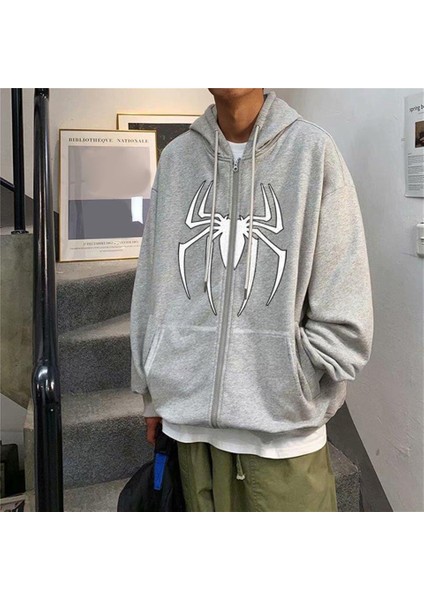 Spider Baskılı Oversize Fermuarlı Gri Unisex Kapüşonlu Hırka