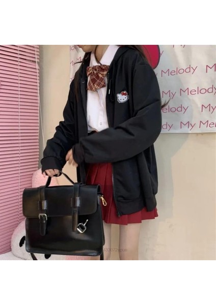 Hello Kitty Head Baskılı Oversize Fermuarlı Siyah Kapüşonlu Hırka fırsatları