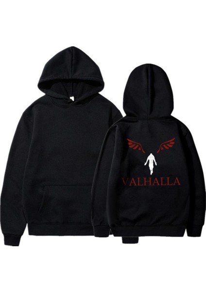 Y2K Valhalla Sırt Baskılı Siyah Oversize Kapüşonlu Sweatshirt