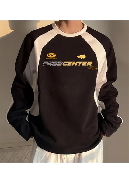 F422 Center Baskılı Line Detail Oversize Bisiklet Yaka Siyah Sweatshirt