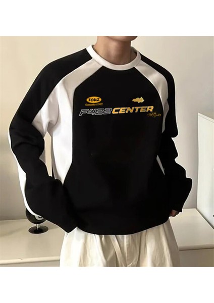 F422 Center Baskılı Line Detail Oversize Bisiklet Yaka Siyah Sweatshirt