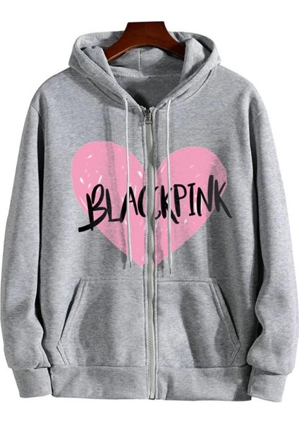Blackpink Heart Baskılı Oversize Fermuarlı Gri Kapüşonlu Hırka fiyatları