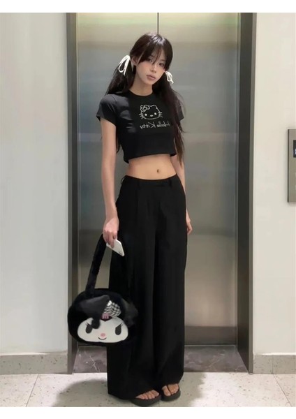 Hello Kitty Taş Işleme Siyah Crop modelleri