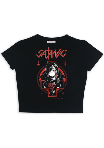 Gothic Satanic Girl Baskılı Siyah Crop