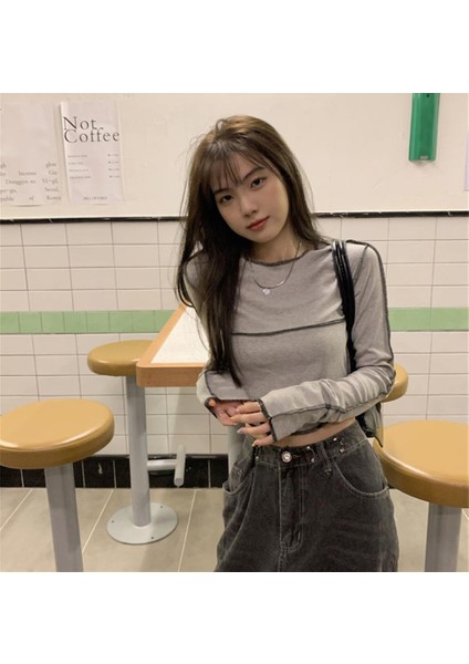 Y2K Streetwear Ters Dikiş Detaylı Uzun Kollu Gri Crop modelleri