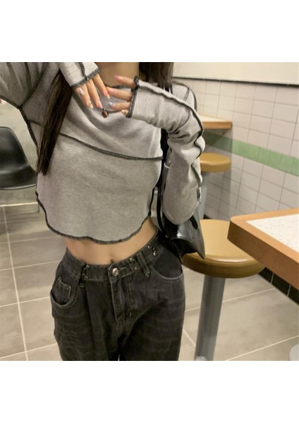 Y2K Streetwear Ters Dikiş Detaylı Uzun Kollu Gri Crop fırsatları