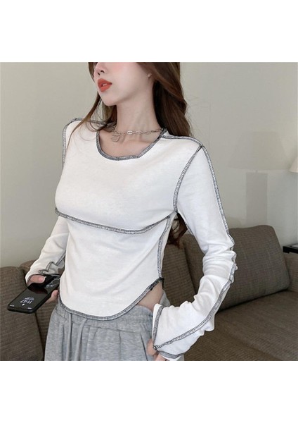 Y2K Streetwear Ters Dikiş Detaylı Uzun Kollu Beyaz Crop modelleri