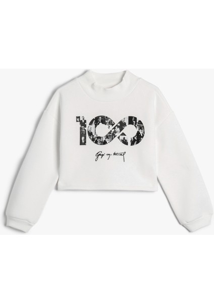 Cumhuriyet Baskılı Crop Sweatshirt Uzun Kollu Bisiklet Yaka Şardonlu - 100. Yıl modelleri