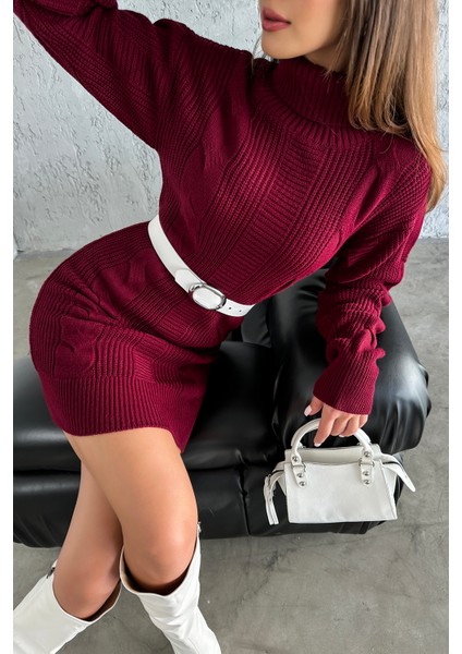 Triko Örme Desenli Bordo Mini Elbise