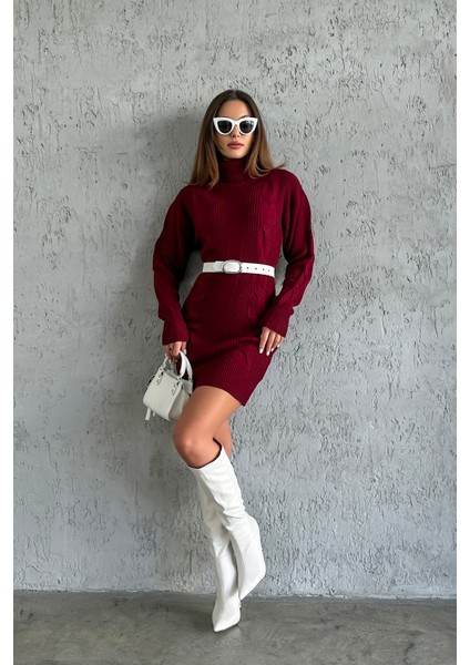 Triko Örme Desenli Bordo Mini Elbise modelleri